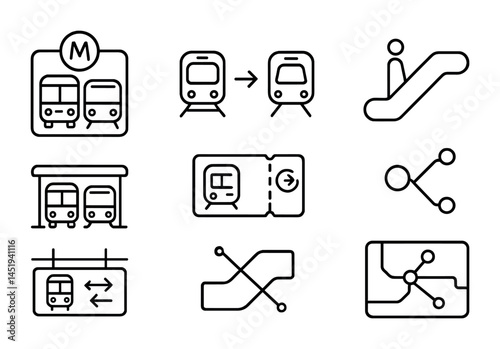 Public transport line icons set – linear, outline, subway and transit symbols