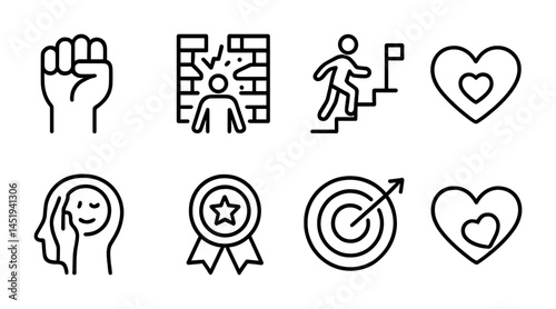 Motivation and success icons set – outline, linear, achievement and growth symbols