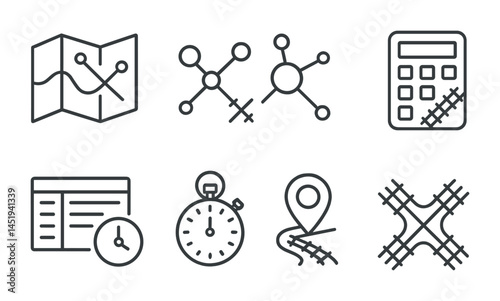 Navigation and mapping outline icons set – linear, map, direction symbols