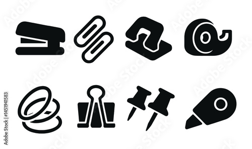 Office supplies solid icons set – stationery, workplace, organizational tools