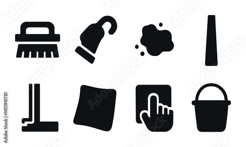 Cleaning tools silhouette icons set – solid, filled, hygiene and sanitation symbols