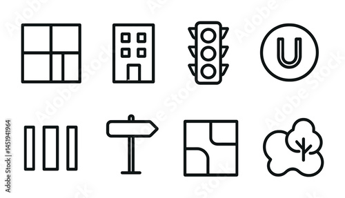 City navigation line icons set – silhouette, linear, urban and transit symbols