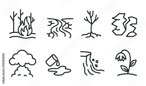 Natural disaster outline icons set – linear, environmental, emergency symbols