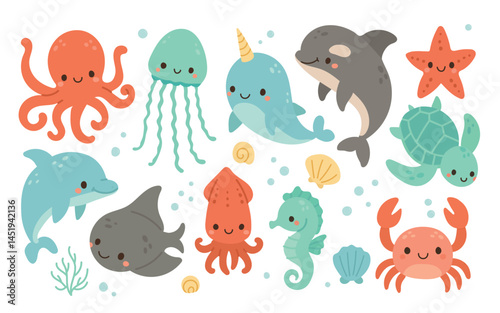 Group of cute ocean animals including dolphin, squid, crab, and narwhal, designed for colorful marine wildlife collections and playful aquatic scenes.