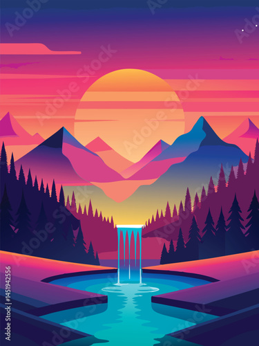 Sunset over the Mountains and Lake.  Mountain River Landscape Background