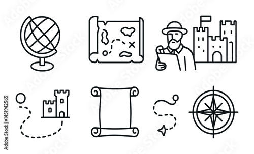 Adventure and exploration icons set – outline, linear, travel and discovery symbols