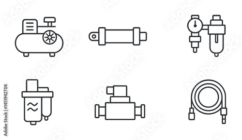Industrial equipment linear icons set – factory, machinery, engineering symbols