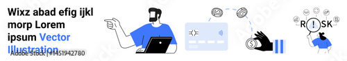 Man gesturing towards digital financial interface. Elements include risk assessment, currency exchange, decision pauses, and data security. Ideal for investing, fintech, banking, management