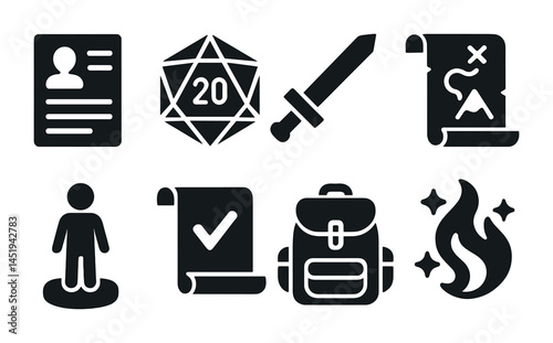 Rpg and gaming solid icons set – flat, silhouette, adventure symbols