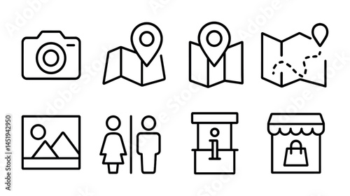Map and navigation icons set – outline, linear, travel symbols for directions