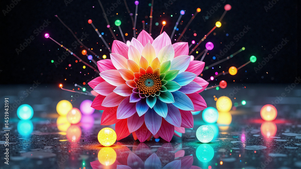 Fototapeta premium Rainbow Flower Power: A vibrant bloom surrounded by colorful glowing orbs against a dark backdrop evokes magic and beauty.