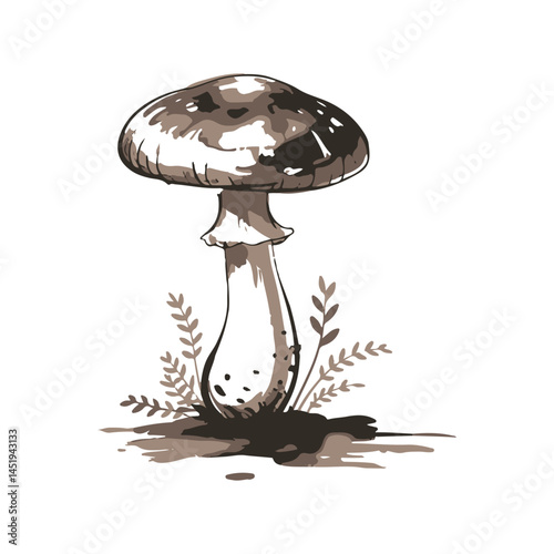 Isolated on white, a vector illustration depicts a red cap mushroom, a toadstool fungus often found in nature