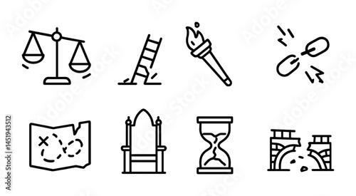 Set of icons representing justice, adventure, and time concepts for creative design