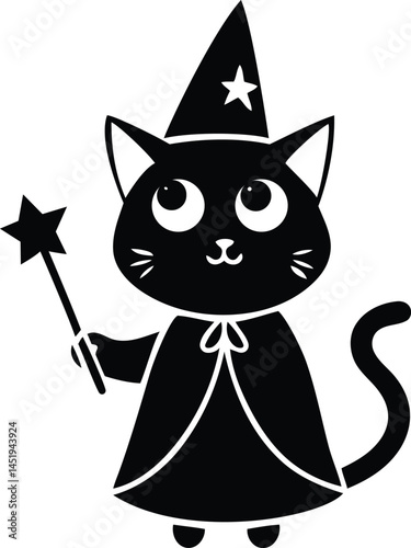 A cute cat dressed as a wizard silhouette vector art, cat dressed as a wizard line art vector, cat dressed as a wizard vector illustration