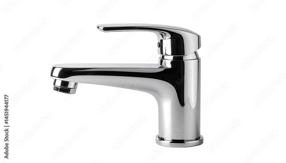 Single-handle water faucet Chrome plated, with a simple design isolated on solid white background Png Single-handle water faucet Chrome plated, with a simple design isolated on solid white background Png