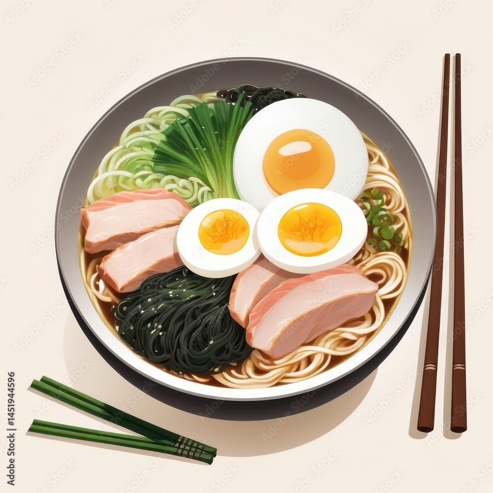 steaming bowl of ramen with sliced chashu pork, soft-boiled egg, green onions, nori sheet, chopsticks beside bowl, vector style illustration, subtle splashes, detailed broth texture, light background