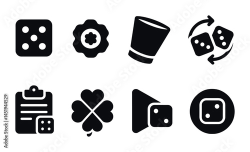 Board game solid icons set – dice, gaming, strategy symbols