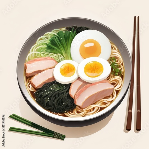 Obraz na płótnie steaming bowl of ramen with sliced chashu pork, soft-boiled egg, green onions, nori sheet, chopsticks beside bowl, vector style illustration, subtle splashes, detailed broth texture, light background w salonie