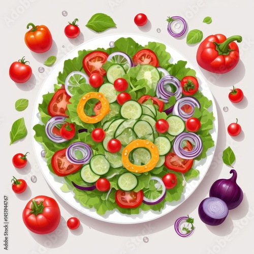 Obraz na płótnie fresh garden salad with crisp lettuce, cherry tomatoes, cucumber slices, red onion rings, colorful bell peppers, white plate, vector illustration style, vibrant colors, water droplets on vegetables, c w salonie