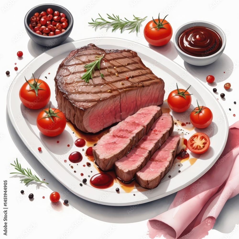 vector food illustration of medium-rare sliced steak on white plate, juicy pink center with charred edges, rich brown sauce drizzle, cherry tomato garnish, scattered peppercorns and herbs, thin black