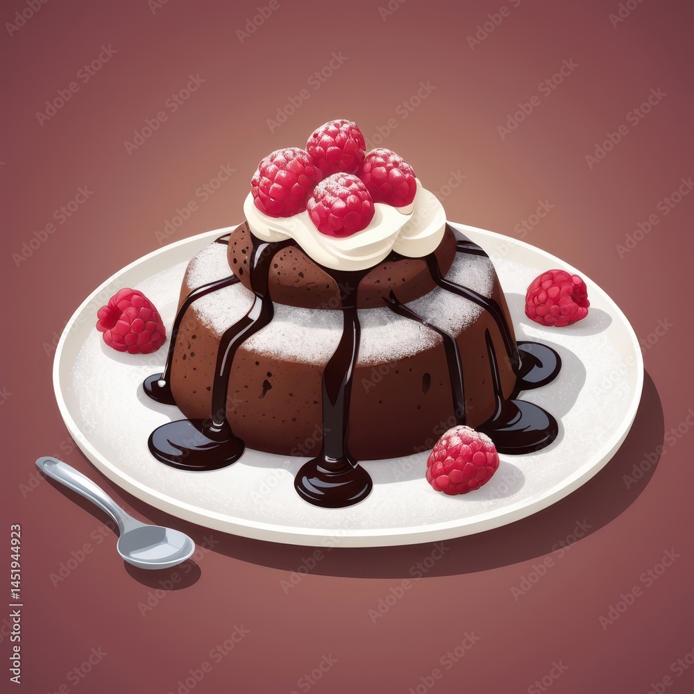 chocolate lava cake with oozing center, dusted with powdered sugar, fresh raspberries beside, vanilla ice cream scoop melting slightly, vector dessert illustration, detailed textures, warm lighting
