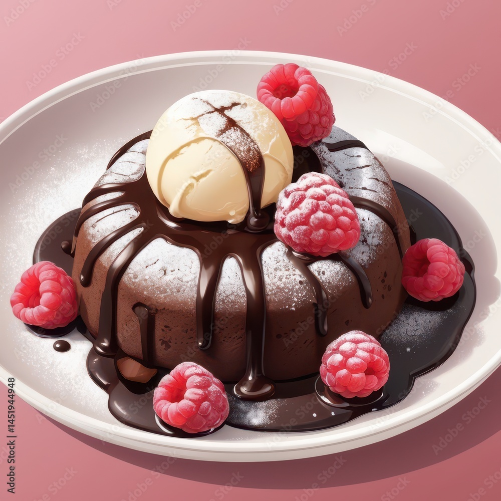 chocolate lava cake with oozing center, dusted with powdered sugar, fresh raspberries beside, vanilla ice cream scoop melting slightly, vector dessert illustration, detailed textures, warm lighting
