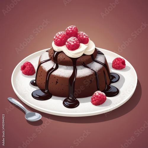 Obraz na płótnie chocolate lava cake with oozing center, dusted with powdered sugar, fresh raspberries beside, vanilla ice cream scoop melting slightly, vector dessert illustration, detailed textures, warm lighting w salonie