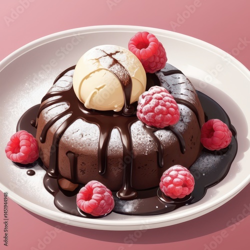Obraz na płótnie chocolate lava cake with oozing center, dusted with powdered sugar, fresh raspberries beside, vanilla ice cream scoop melting slightly, vector dessert illustration, detailed textures, warm lighting w salonie