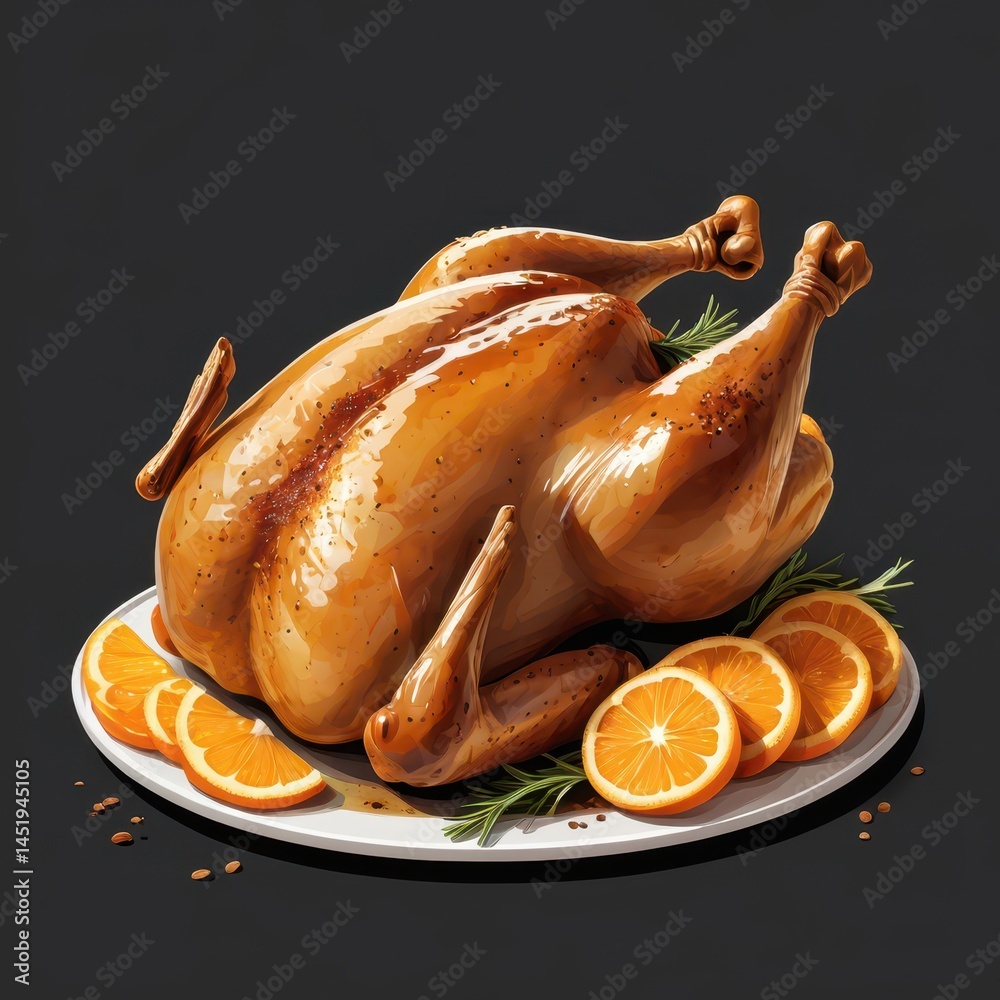 realistic vector art of roasted whole chicken with crispy golden-brown skin, subtle spice rub details, slight dripping juices, fresh herb garnish, soft shadows beneath, transparent background, warm ye