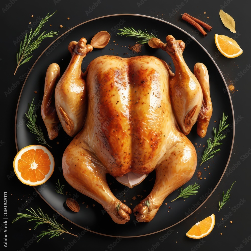 realistic vector art of roasted whole chicken with crispy golden-brown skin, subtle spice rub details, slight dripping juices, fresh herb garnish, soft shadows beneath, transparent background, warm ye