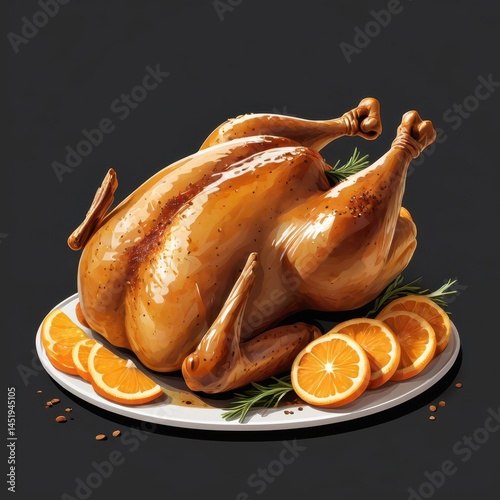 Obraz na płótnie realistic vector art of roasted whole chicken with crispy golden-brown skin, subtle spice rub details, slight dripping juices, fresh herb garnish, soft shadows beneath, transparent background, warm ye w salonie
