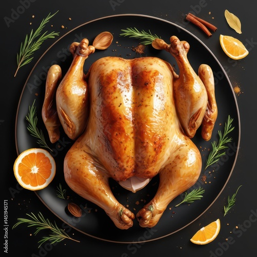 Obraz na płótnie realistic vector art of roasted whole chicken with crispy golden-brown skin, subtle spice rub details, slight dripping juices, fresh herb garnish, soft shadows beneath, transparent background, warm ye w salonie
