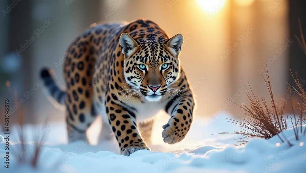 amur leopard prowling through snowy siberian forest, dawn golden light filtering through pine trees, 400mm telephoto lens f/2.8, mist-filled forest background with soft bokeh, detailed rosette pattern