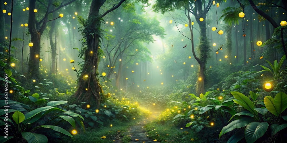 Fototapeta premium Enchanted Forest Path Illuminated by Glowing Lights A Mystical Journey Through Lush Greenery