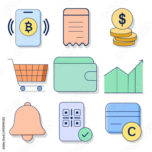 A set of 9 pastel flat vector icons representing finance, e-commerce, shopping cart, QR code, wallet, receipt, crypto, and business growth. Clean modern design, perfect for web, apps, and marketing.