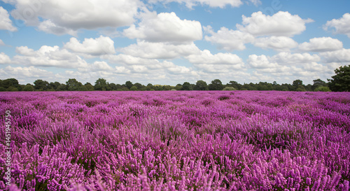 Field Of Blooming Heather With Clouds And Blue Sky In Summer photo