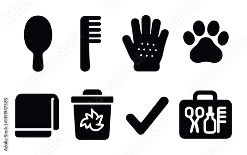Pet grooming solid icons set – silhouette, filled, animal care symbols