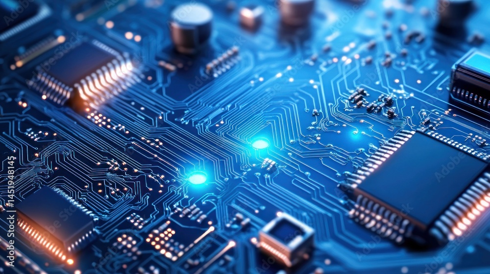 Closeup circuit board with glowing components Closeup circuit board with glowing components