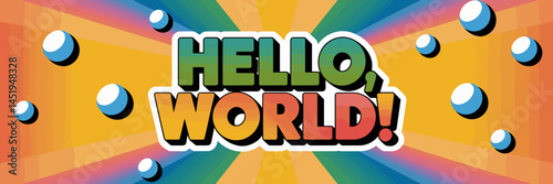 Retro sticker design with "Hello, World!" text – Perfect for tech branding, digital nostalgia, or software-related content