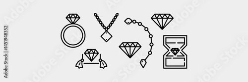 Various diamond-related icons, including rings, necklaces, and bracelets – Ideal for jewelry marketing, luxury promotions, or accessories branding.