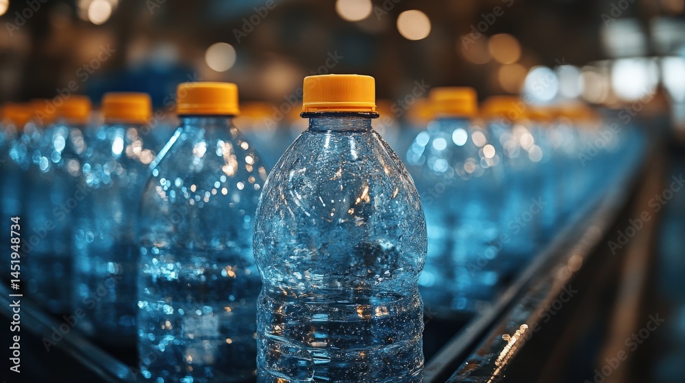 Close-up of water bottles with yellow caps on a conveyor belt in a busy production facility Close-up of water bottles with yellow caps on a conveyor belt in a busy production facility
