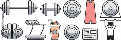Gym icon sheet with barbell, dumbbell, yoga mat, and membership card – Great for fitness app interfaces, gym marketing, or personal training programs.