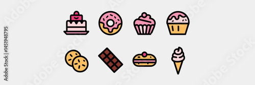 Dessert icon collection with cupcake, cookie, chocolate bar, and pie