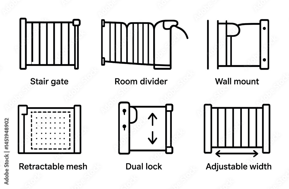 Obraz premium Child safety line icons set – barrier, protection, stair gate and home security symbols