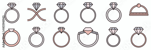 Collection of ring icons with diamonds and gemstones – Great for wedding themes, fashion accessories, or jewelry design concepts.