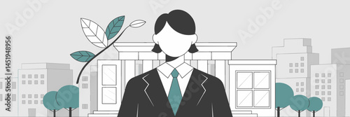 Businessman in suit standing in front of building with branch and leaf – Ideal for corporate sustainability, green business, or professional marketing.