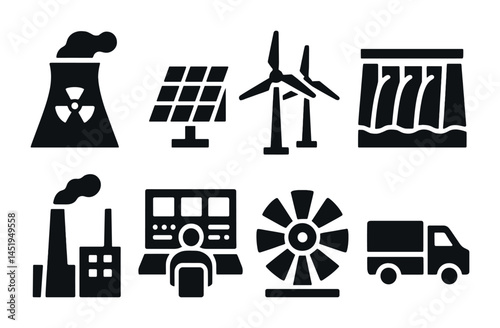 Energy and industry solid icons set – filled, power, and infrastructure symbols