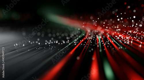 Abstract red and green light streaks with bokeh effect in the darkness