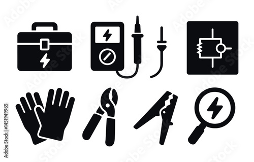 Electrical tools solid icons set – safety, maintenance, repair symbols