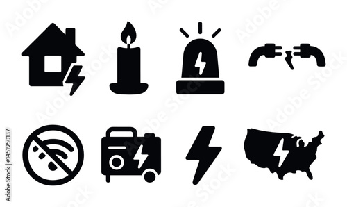 Electricity and power solid icons set – energy, outage, silhouette symbols